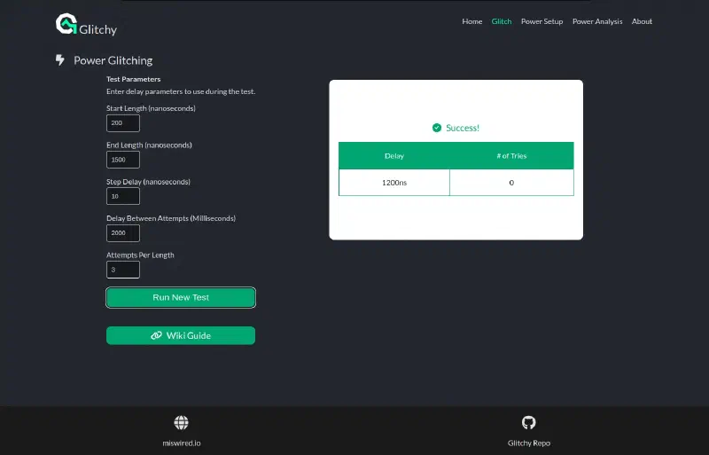 Glitchy web interface — power-glitching tab showing a successful run