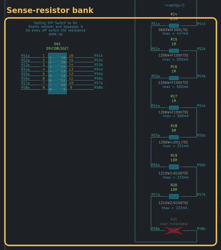 Zoomed schematic of the sense-resistor bank: the R14–R21 chain and the SW1 DIP switch, outlined