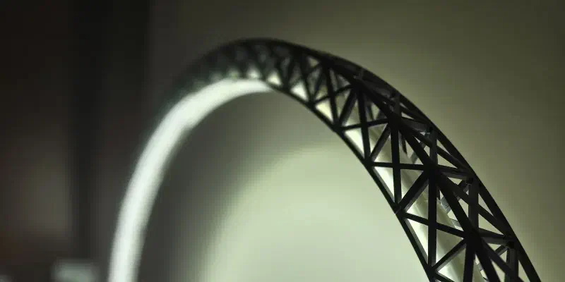 The 3D-printed LED arch lamp, lit
