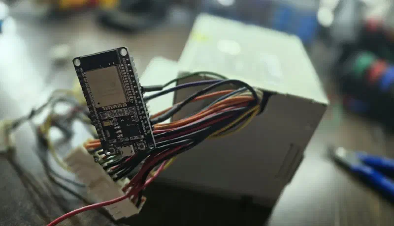 The ESP32 board wired to the ATX power supply